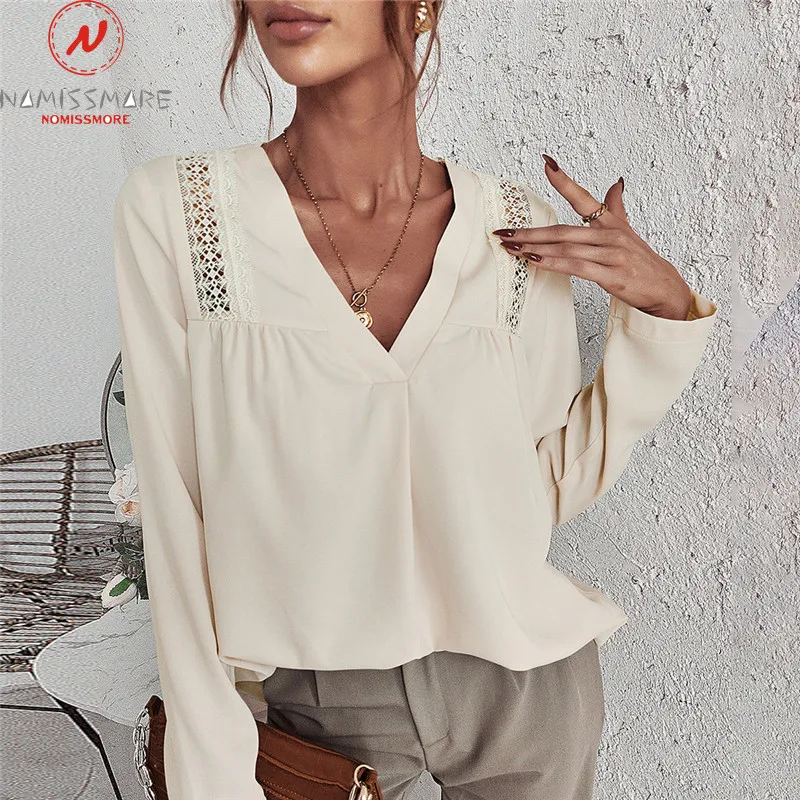 

England Style Women Solid Color Blouse for Streretwear Patchwork Design Lace Decor See Through V-Neck Long Sleeve Loose Top