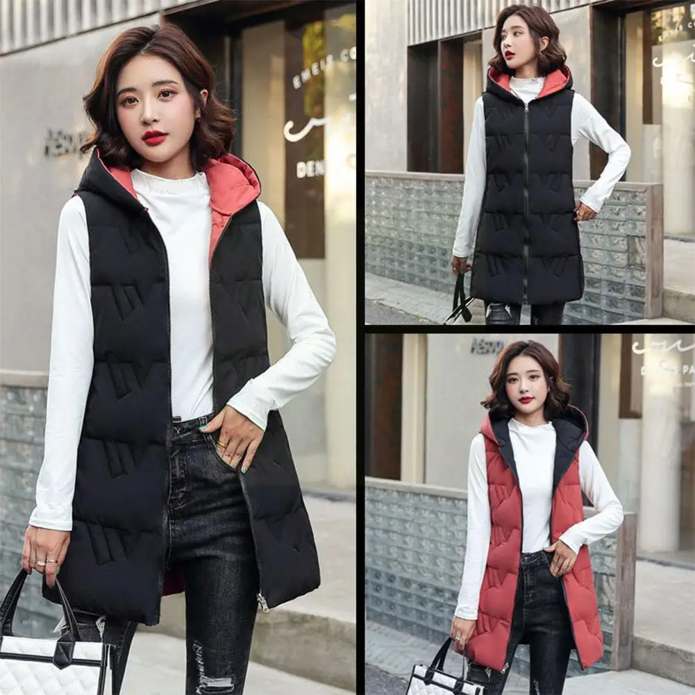 

Autumn Winter Vest For Women Mid-length Double Side Wear Down Cotton Vest Coat Color Zipper Hooded Casual Waistcoat M8y8
