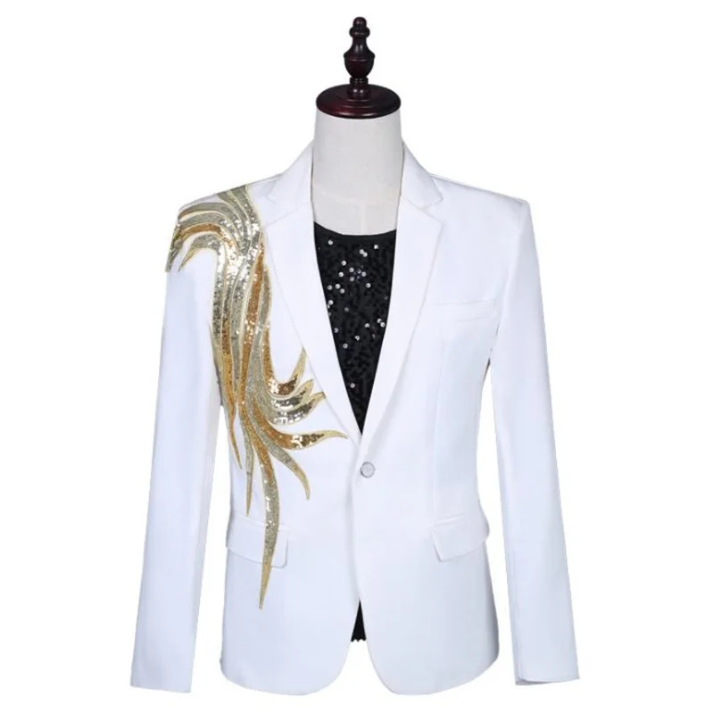 Applique blazer men groom suit white jackets mens wedding suits costume singer star style dance stage clothing formal dress b234