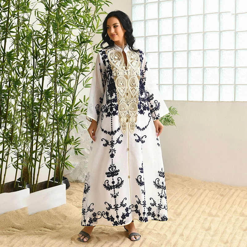 Women Flower Embroidery Long Sleeve Abaya 2022 Dubai Luxury Mesh Muslim Dress Evening Party Saudi Arabia Moroccan Abayas Turkey