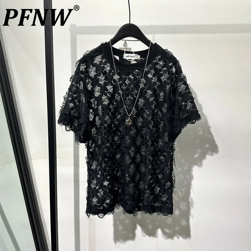 

PFNW Summer Men's Chic Darkwear Hollowed Out Mesh Sexy T-shirt Fashion Perspective Thin Quick Drying Handsome Print Tees 12Z1452