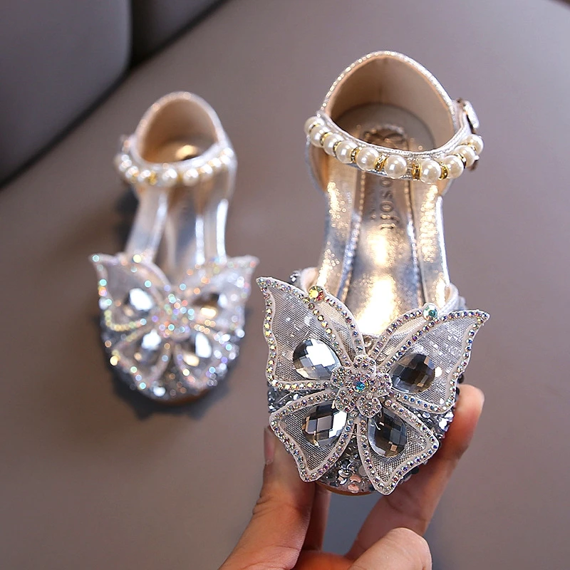 2023 Children's Party Wedding Children Shoes Sequin Lace Bow Kids Shoes Cute Pearl Princess Dance Single Casual Girls Shoe
