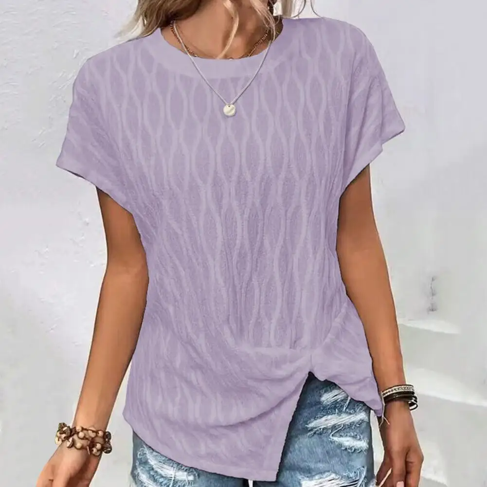 

Women Summer T-shirt Solid Color Round Neck Lady Shirt Batwing Sleeves Split Hem Casual Top