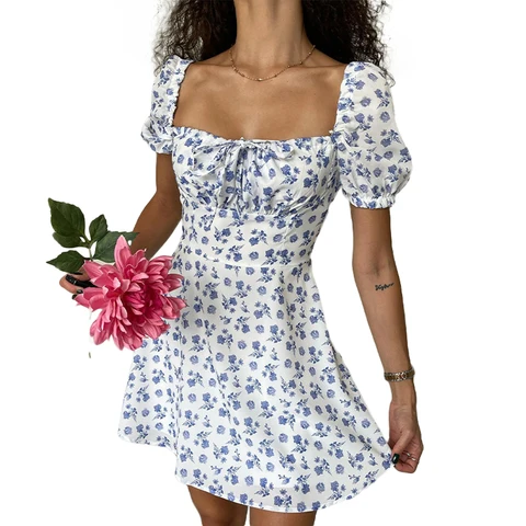 Женское платье в стиле бохо с коротким рукавом и цветочным принтом, на шнуровке, с открытыми плечами, летний сарафан-трапеция, праздничный наряд для отпуска, уличная одежда