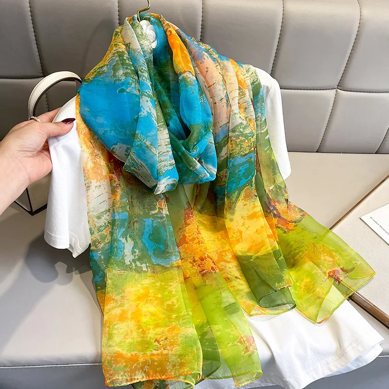 

2022 New Floral Print Silk Scarf Crinkle Bubble Chiffon Shawl Spring Autumn Wrap Hijabs Lady Pashmina Foulards Beach Bufanda
