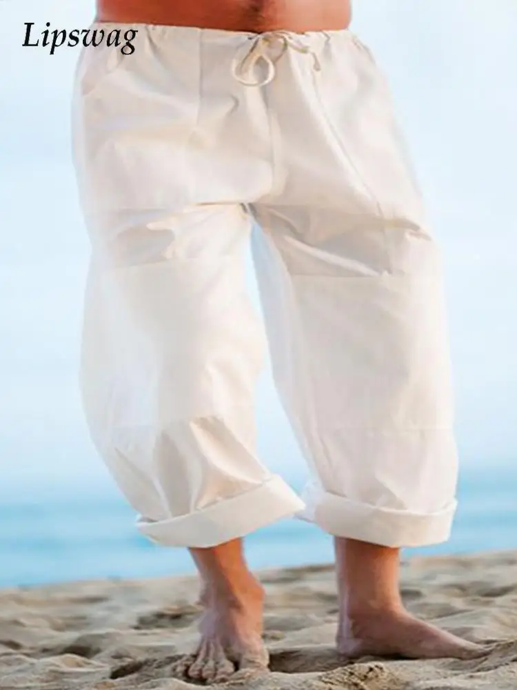 

Брюки мужские на шнуровке со средней посадкой, винтажные повседневные свободные длинные штаны с кулиской, пляжная одежда для морского побе...