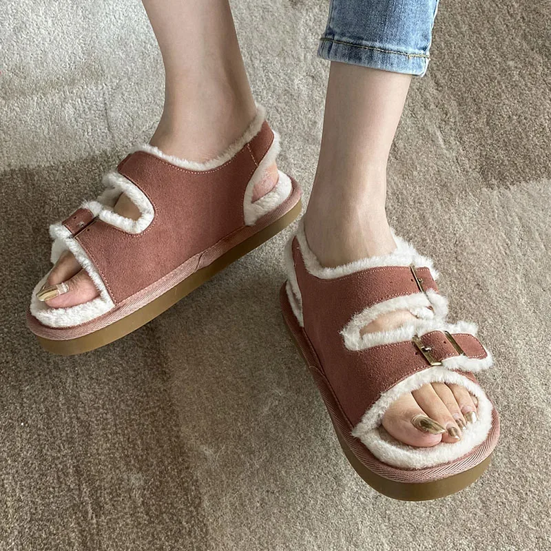 

Женские босоножки на меху, повседневные уличные сандалии с круглым носком, на резиновой подошве, дизайнерские шлепанцы, домашняя обувь на п...