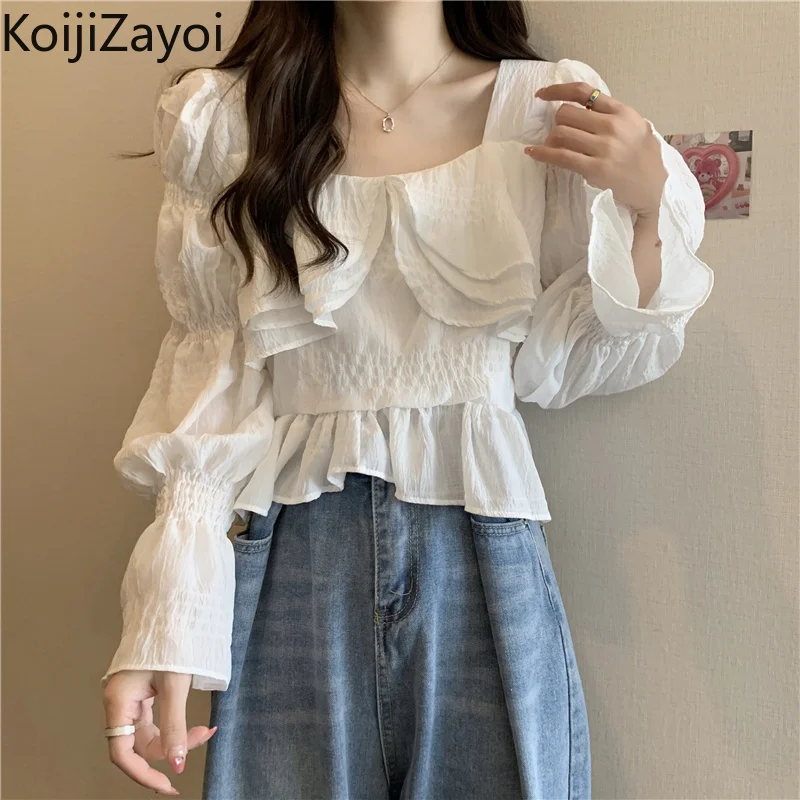 

Koijizayoi Sweet Women Blouse Ruffled Square Collar Shirt Solid Spring Autumn 2022 Slim White Blusas Chic Korean Long Sleeves