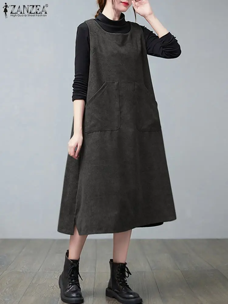 

Женское вельветовое платье без рукавов ZANZEA, винтажное платье-комбинезон с круглым вырезом, повседневные свободные Сарафаны