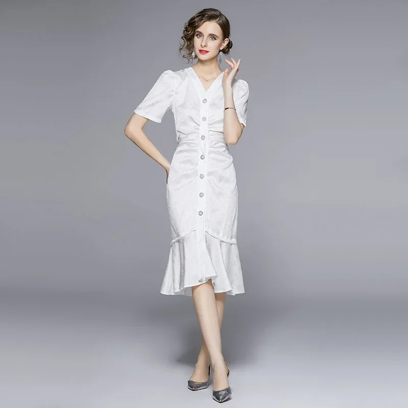 Лето 2022 новое элегантное платье средней длины из розового жаккарда с v-образным