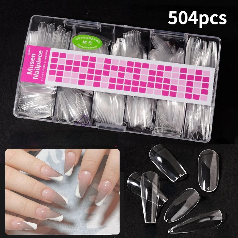 

504 Pcs False Nails Clear Seamless Free-polished Nail Slices Ultra-Thin Water Droplets Frosted Full-stick Extension Fake Nails