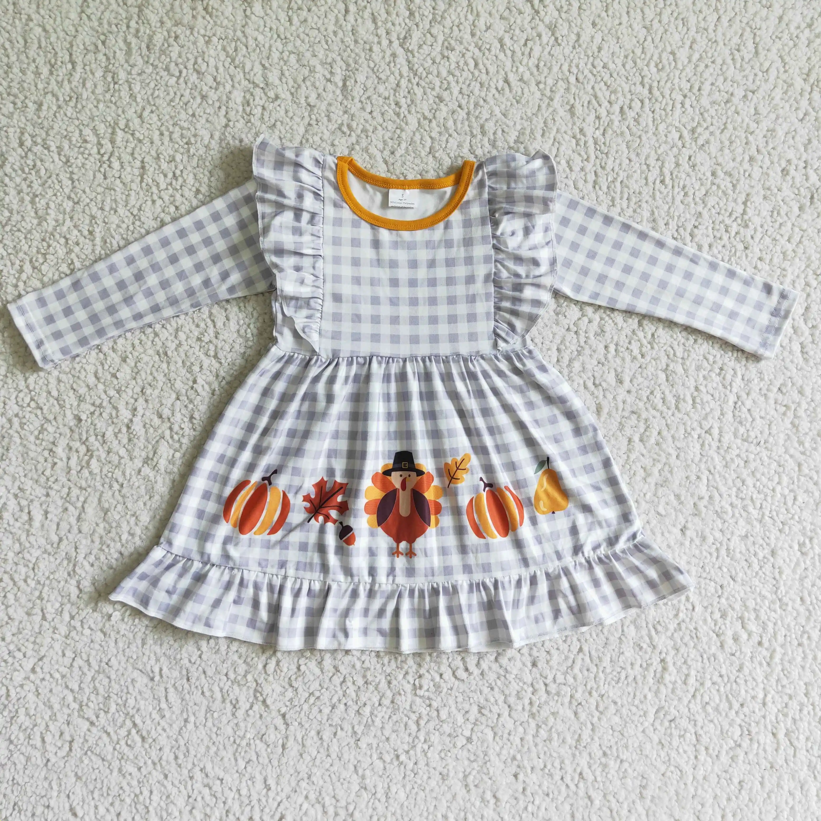 

Thanksgiving casual dresses turkey print grey print long sleeves ruffled fall dress baby girl's clothes dresses for girls