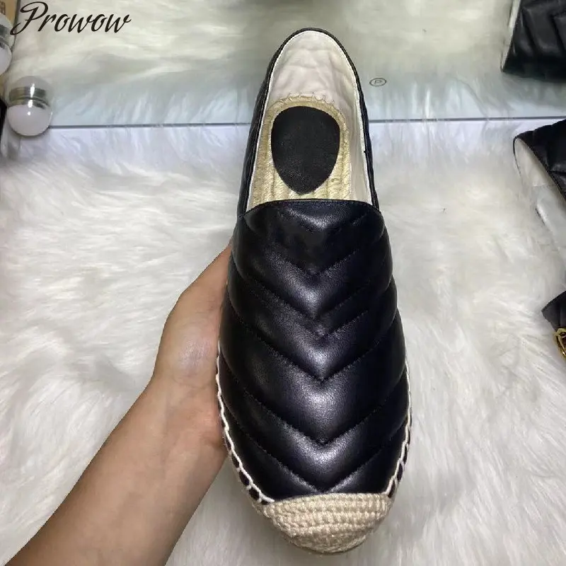 

Discount Loafers Size 40 Luxury Brand Weave Sole Female Footwear Slip On Real Leather Flats Black