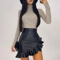2021 women new sexy leather pu skirt black ruffled asymmetric female mini skirt high waist flared fashion office female skirt