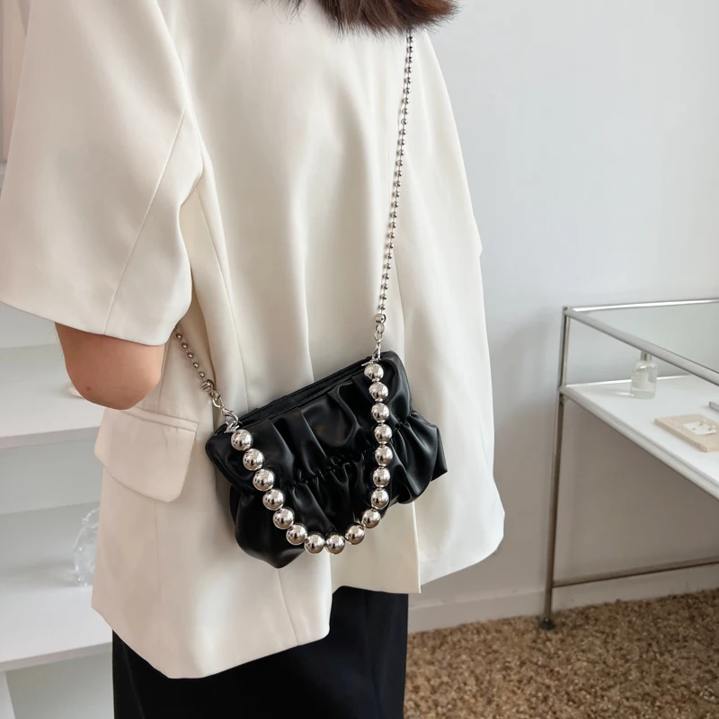 Korea Folds Mini PU Leather Crossbody Bag Women 2022 Summer Tendencia Cute Totes Chain Shoulder Side Handbag and Purses Brand