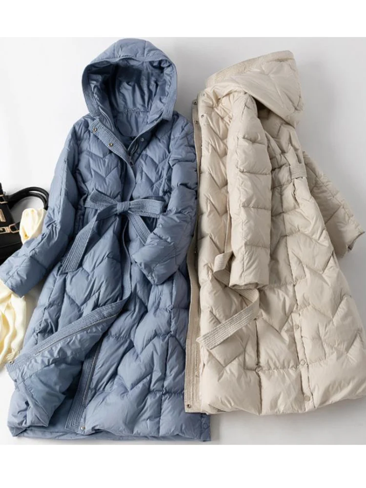 

SEDUTMO Winter Duck Down Jackets Women Ultra Light Thin Long Coat With Belt Autumn Casual Slim Tunic Parkas ED1783