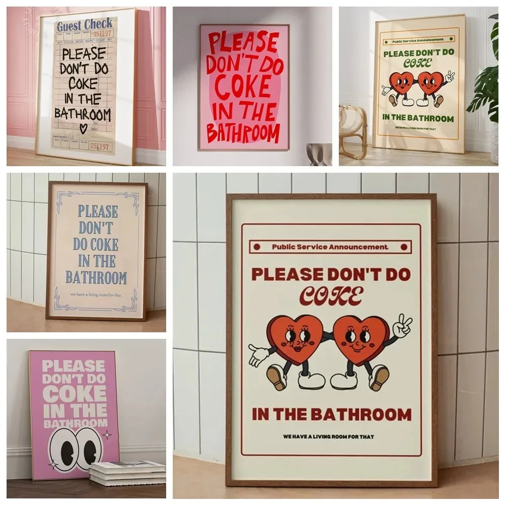 

Retro Painting Please Don't Do Coke In The Bathroom Beige Groovy Animated Hearts Wall Art Canvas Painting Posters Home Decor