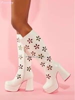 clear pvc hollow flower knee high boots platform chunky block heel side zipper leather sexy women shoes fashion european style