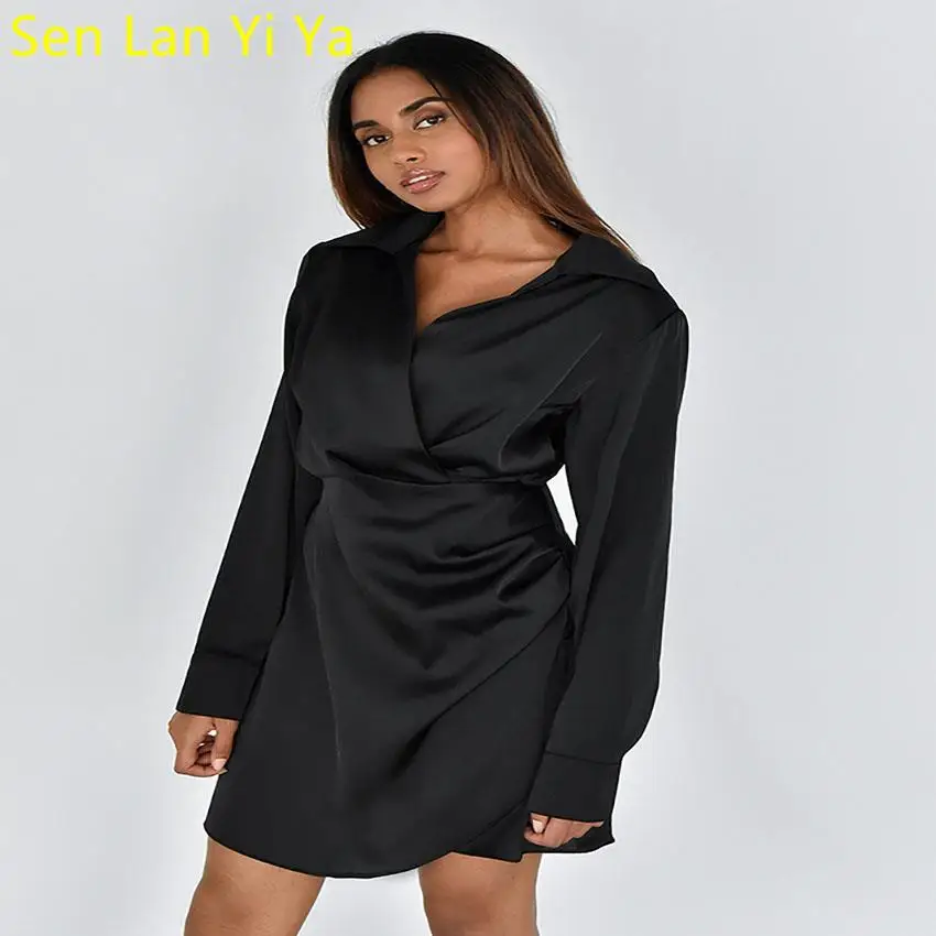 

Sen Lan Yi Ya Sexy V-Neck Satin Black Short Dresses Autumn Elegant Long Sleeve High Waisted Dress 2023 Fashion Ruched Dress