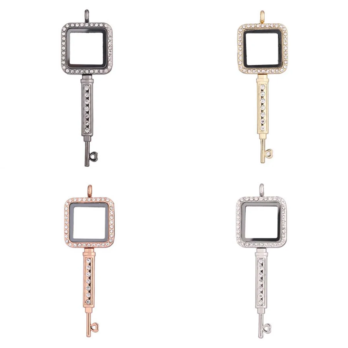 

2Pcs Alloy Pendant Rose Gold/Golden/Black/White Diamond-set Square Key Glass Photo Boxes for DIY Jewelry Making Openable