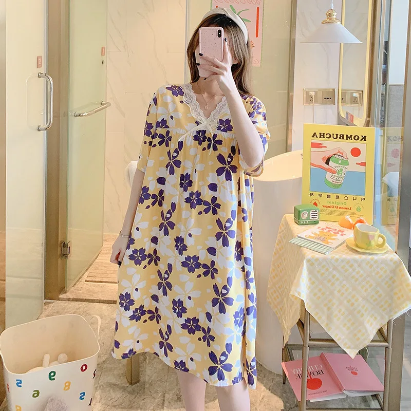 Lady's Nightgown Student V-neck Short Sleeve Cotton Silk Nightdress Sexy Sleepwear