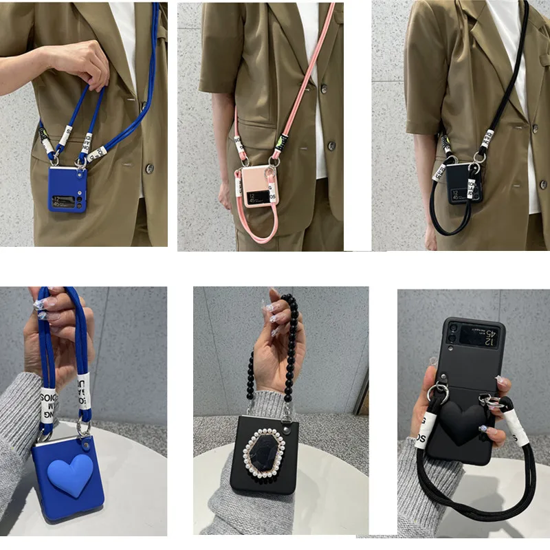 

Korea Fashion Diy Heart Crossbody Chain Short Bracelet Phone Case For Samsung Galaxy Z Flip 3 Case 5G 4G Z Flip3 Cover Back Capa