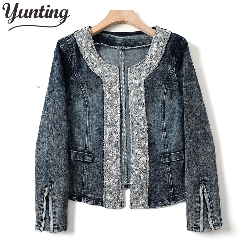 Spring Autumn Denim Jacket Womens Sequin Slim O Neck Short Jeans Coat