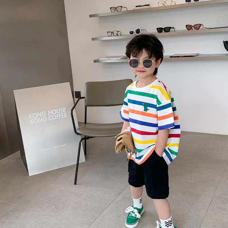 

Boys Summer Fashion Embroidery Rainbow Striped Tees Kids Cotton Soft Loose Short Sleeve T Shirts