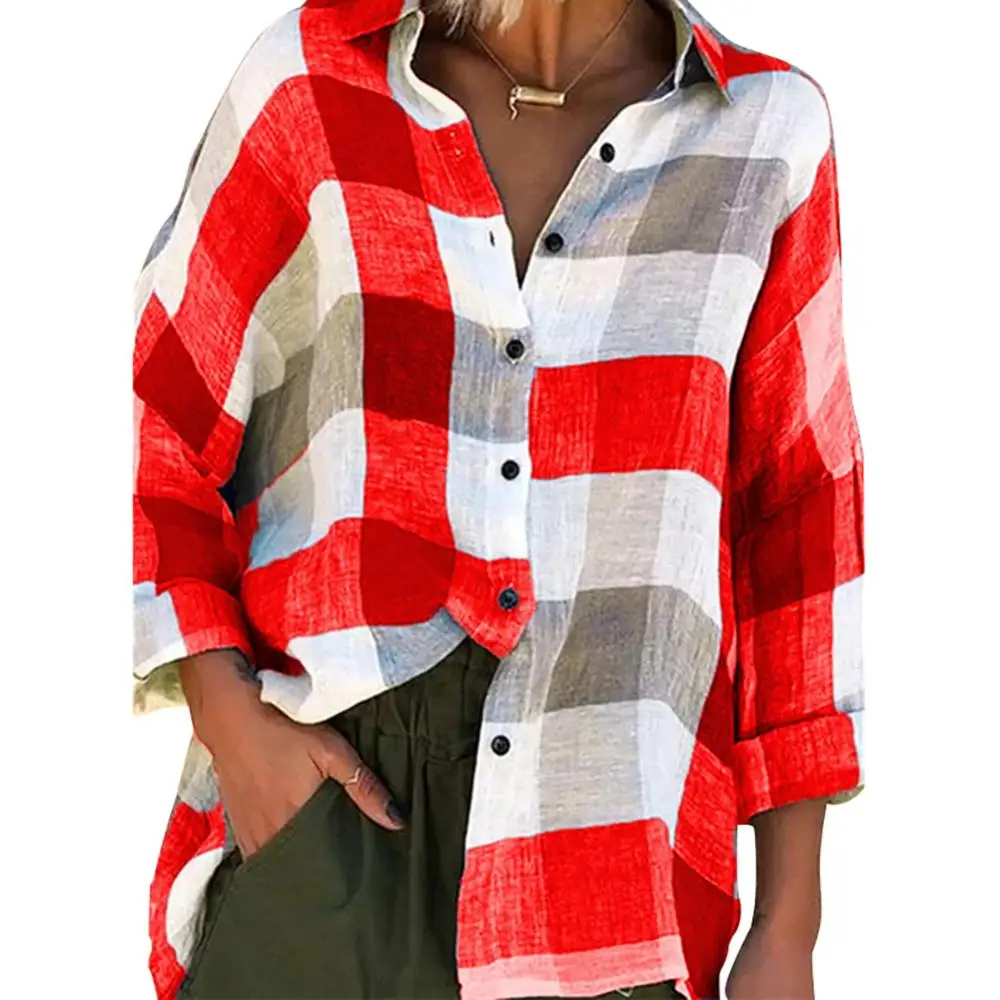 

Plus Size Fashion Women Shirts Turn Down Collar Check Plaid Buttons Shirt Top Lady Long Sleeve Loose Blouse рубашка женская 2021