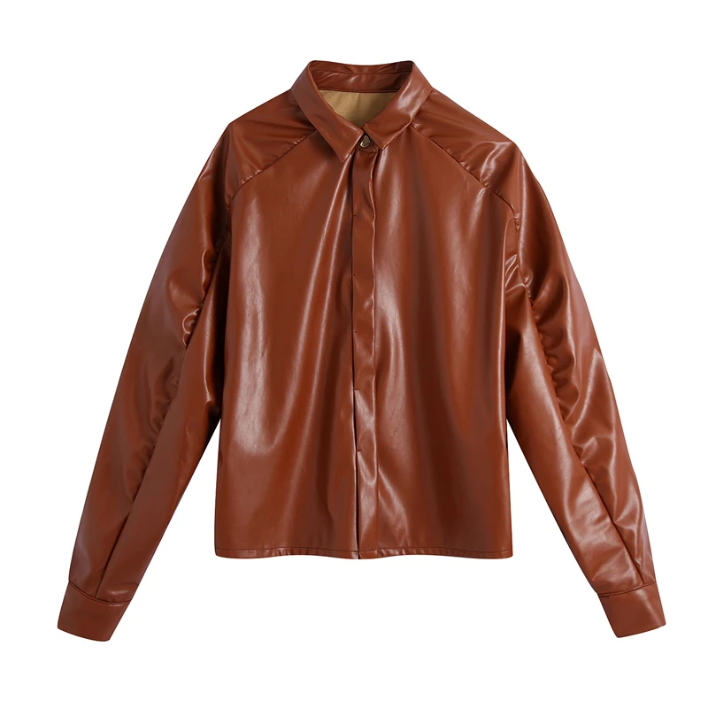 KEYANKETIAN Women's Faux leather shirt coat New red and brown POLO PU leather coat with rotator cuff for autumn and winter