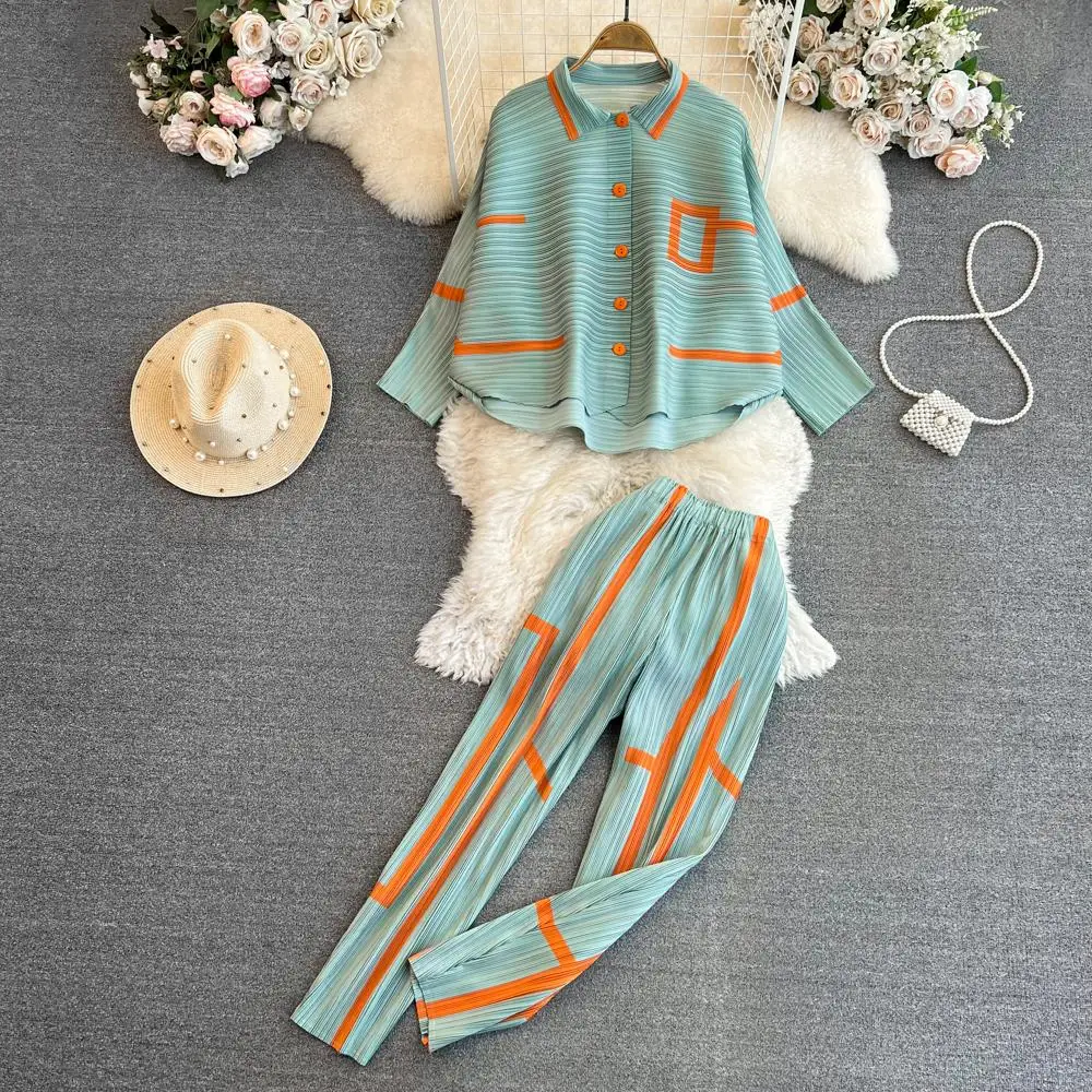 Женский костюм с отложным воротником Miyake Свободный Топ рукавами-воланами и