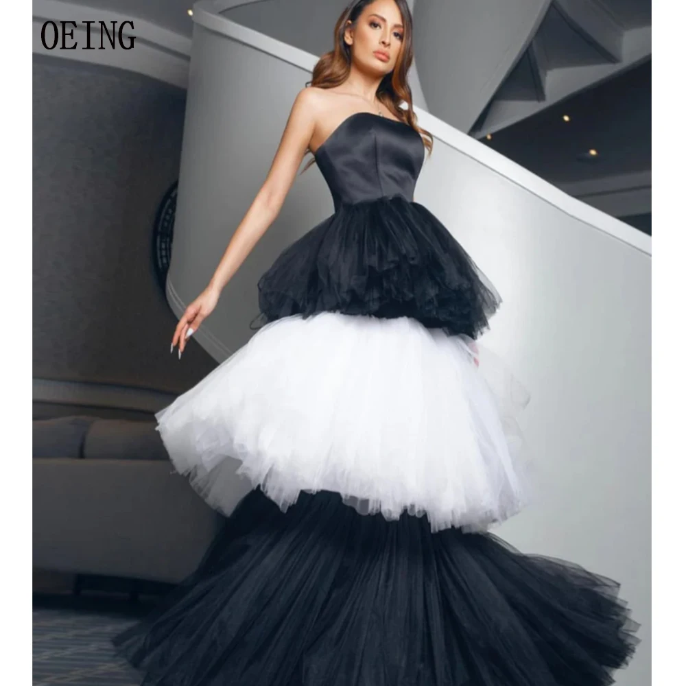 

OEING Elegant A-line Tiered Evening Prom Gowns Strapless Tulle Floor Length Formal Guest Vestidos Zipper Back Hlmecoming Dress