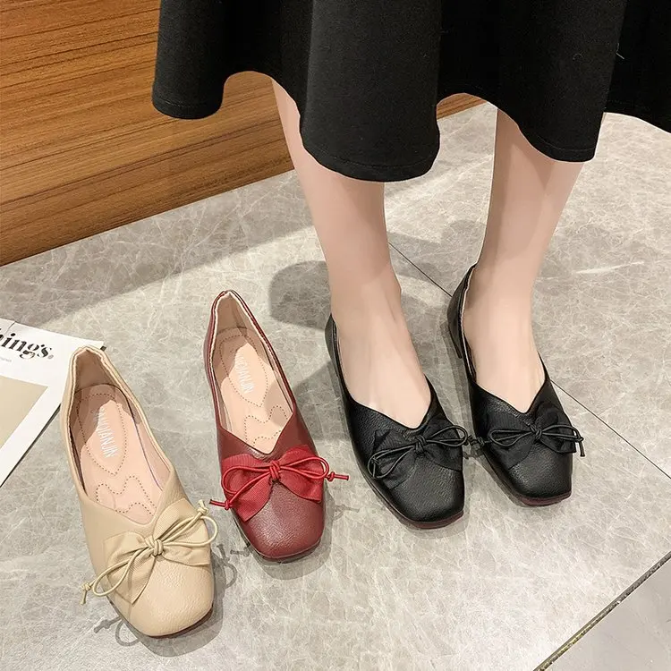 

2023 Flat Square Toe Single Shoe Women's Soft Soft Leather Bow Soft Soles Comfortable Egg Roll Shoes Women Shoes
