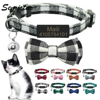 grid bowtie cat collar personalized name safety breakaway bowknot cat collar bell necklace custom engraved nameplate cat collar