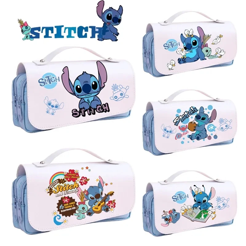 

Disney Stitch Portable Pencil Case 3 Layers Large Capacity Pencil Bag Cartoon Print Waterproof Students Stationery Pencil Pouch