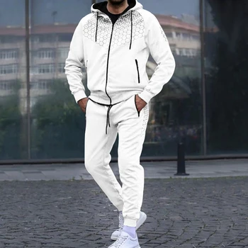 Fashion Drawstring Hooded Sweatshirt Top + Long Pant Tracksuit Men's Long Sleeve Print Suits Autumn Winter Men Two Piece Set 2