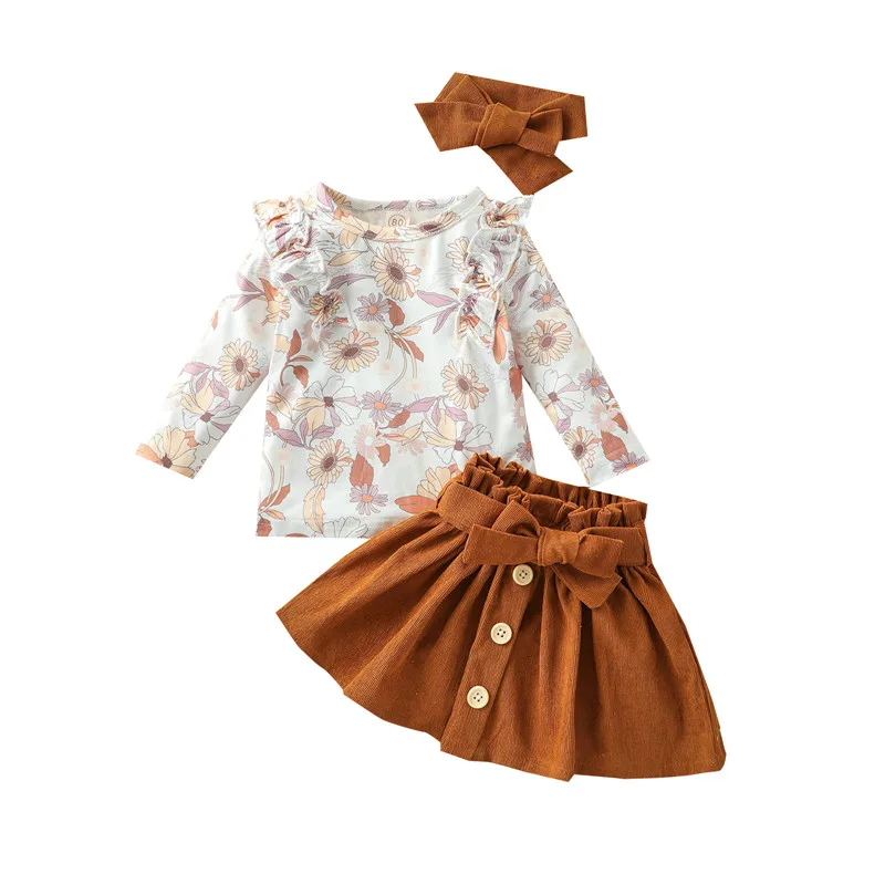 

3Pcs Kids Summer Tracksuit Girls Floral Round-Neck Long Sleeves Tops + Buttons Skirt + Headband 0 Months to 4 Years