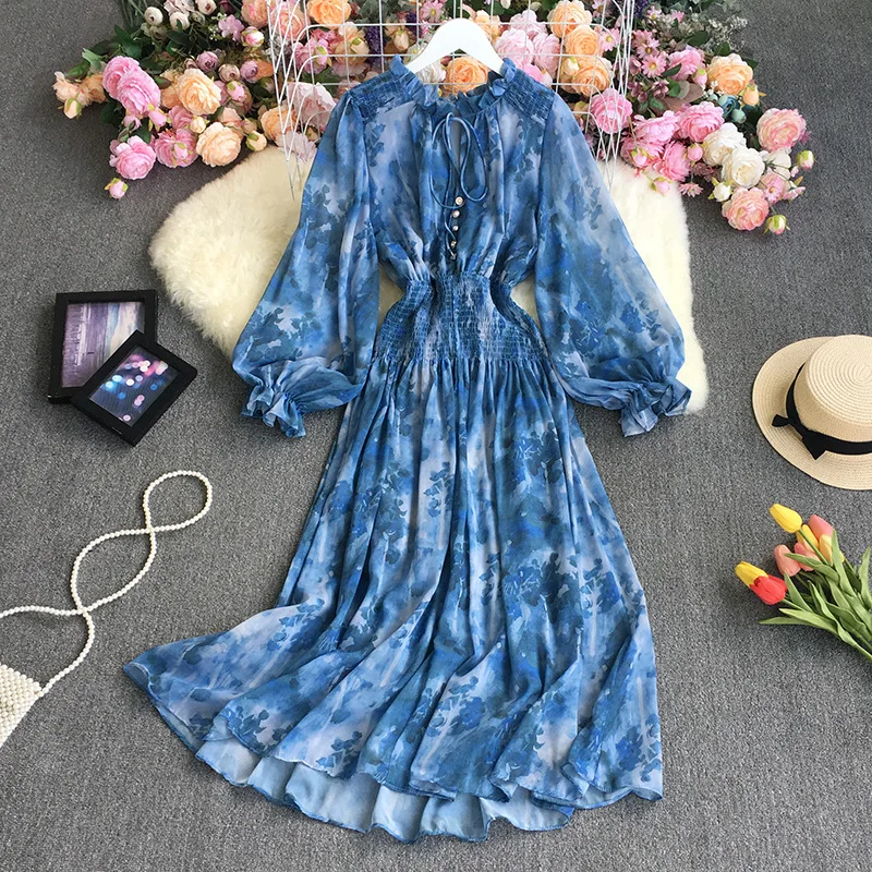 

Богемное летнее платье для женщин, винтажные элегантные синие платья с длинным рукавом, пляжные длинные платья с высокой талией и принтом, женская одежда 2023