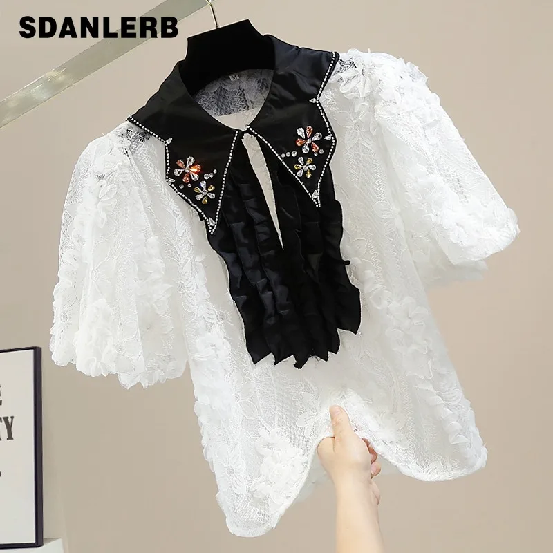 

Blusas De Mujer 2022 Summer New Loose Shirt Contrast Color Handmade Rhinestone Flower Short Puff Sleeve 3D Lace Top for Women