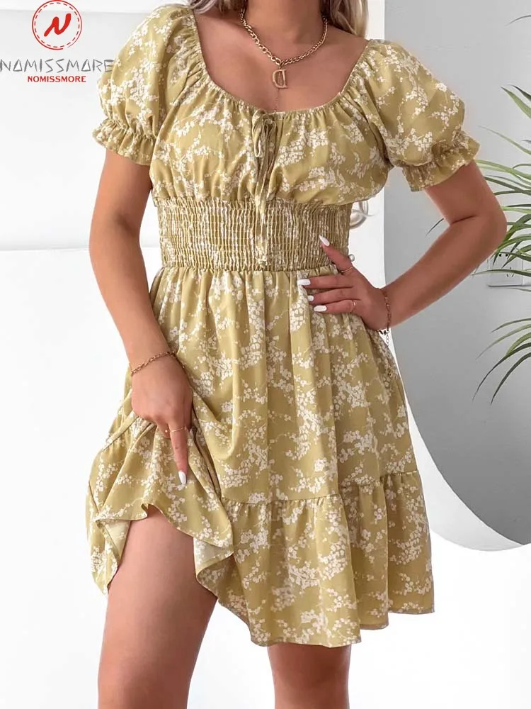 

Модное женское летнее платье-трапеция с принтом, дизайнерское Бандажное платье с квадратным вырезом и пышными рукавами, облегающее мини-пл...
