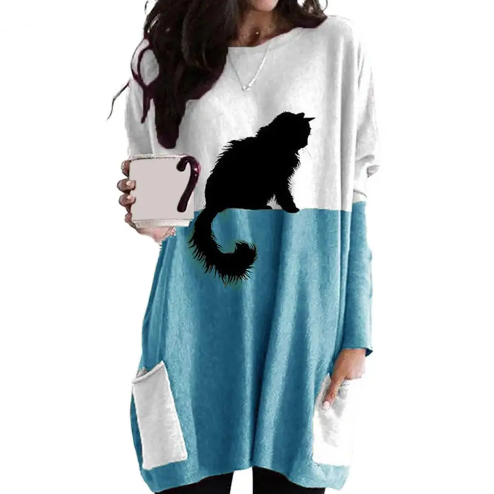 

Round Neck Long-sleeved Top Stylish Women's Long Sleeve Sweater Soft Stretchy Black Cat Print Top with Pocket Comfortable Casual