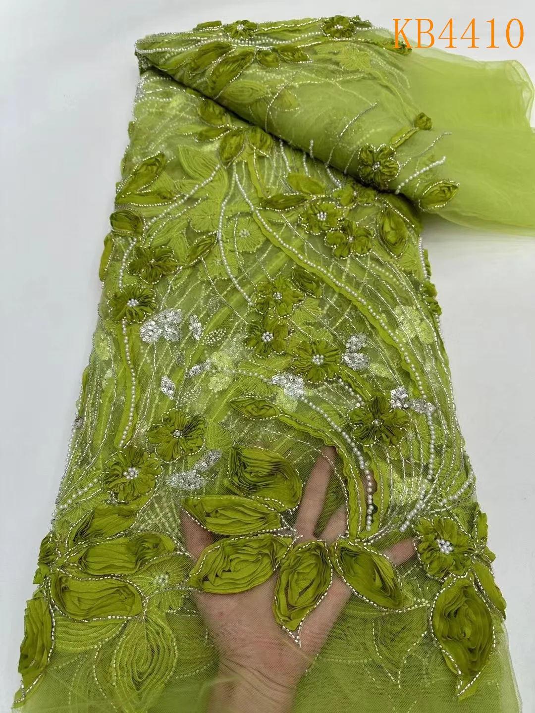 Зеленый 3D цветок кружевная ткань с бисером африканская белая нигерийская 5 ярдов