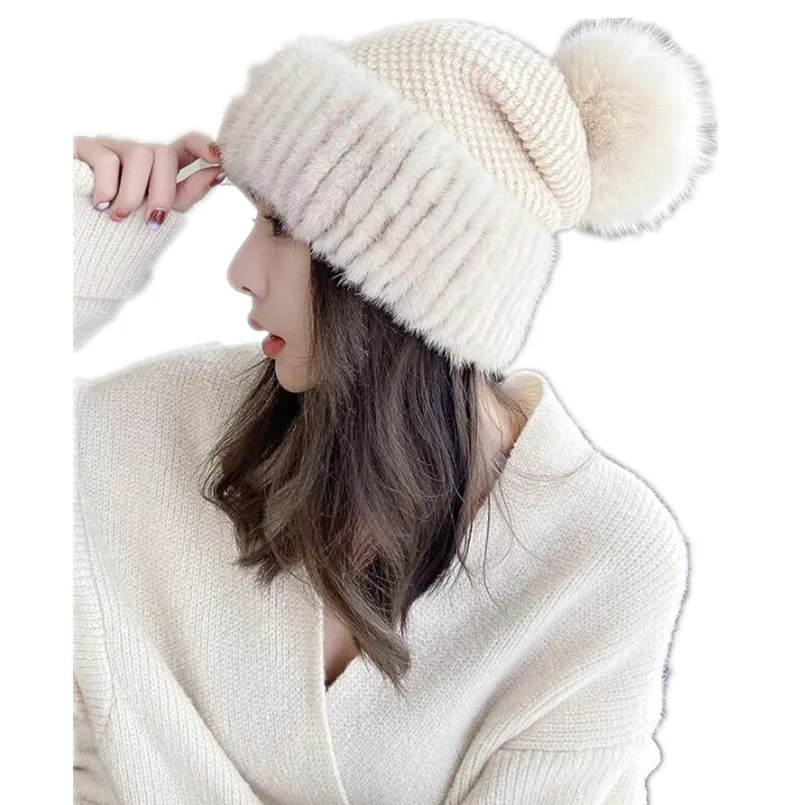 New Stylish Winter Warm Fluffy Genuine Mink Fur Hat Outdoor Soft Thick Dome Beanies with Genuine Fox Fur Pompom