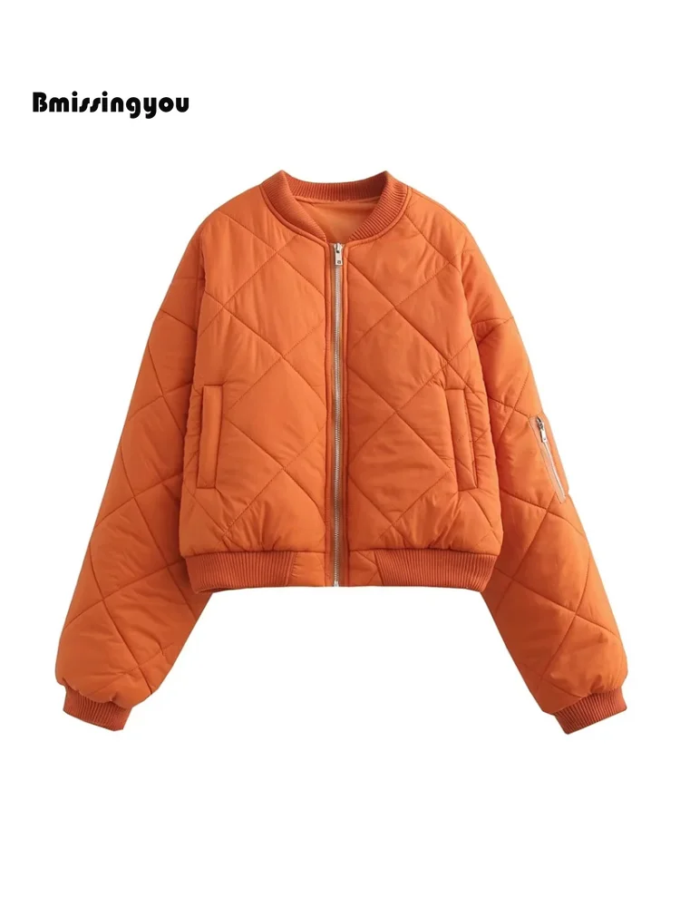

Bmissingyou Orange Quilted Coats Women's Jacket with Pocket Zipper Long Sleeve Warm Outwear Autumn Winter Loose Pilot Jackets