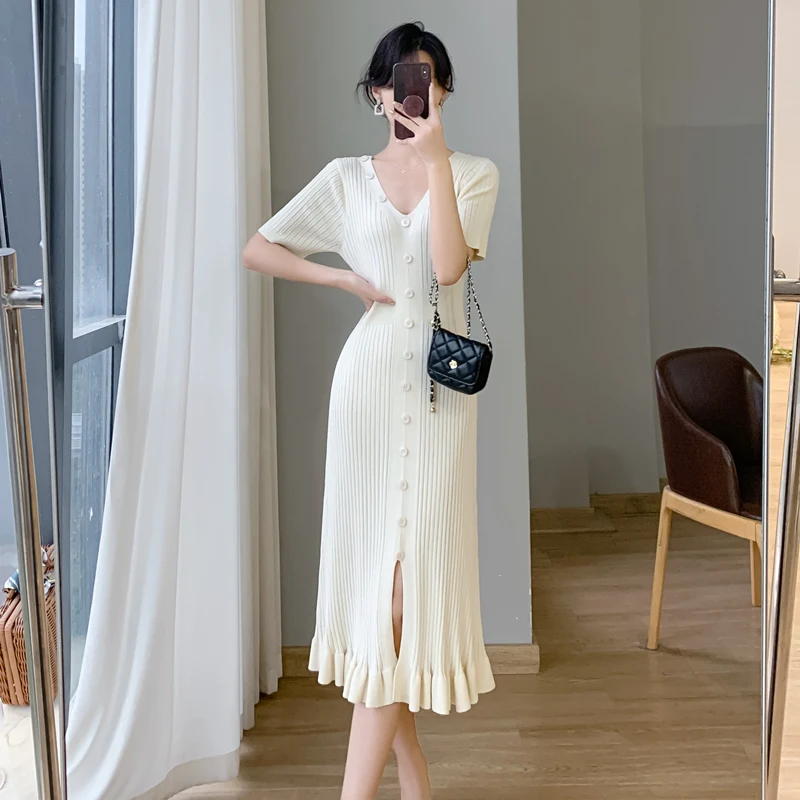 

Women's Summer New High-end Temperament V-neck Short Sleeved Long Single Breasted Waistband Ruffle Edge Ice Silk Knitted Dress