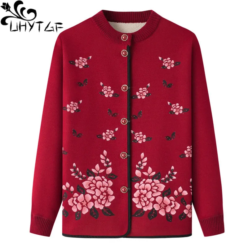 

UHYTGF Middle-Aged Elderly Mom Winter Sweater Coat Women's Single Breasted Knitted Cardigan Jacket Female Knitwears Tops 4XL1999