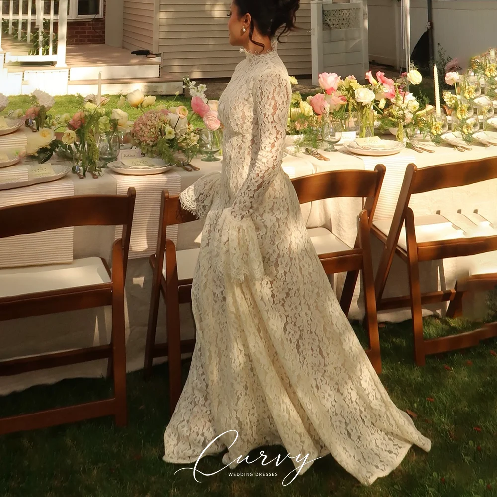 Фото Изысканное свадебное платье Vestido De Novia для женщин: с высоким воротом, кружевными рукавами-колокол, А-силуэт, на заказ №2