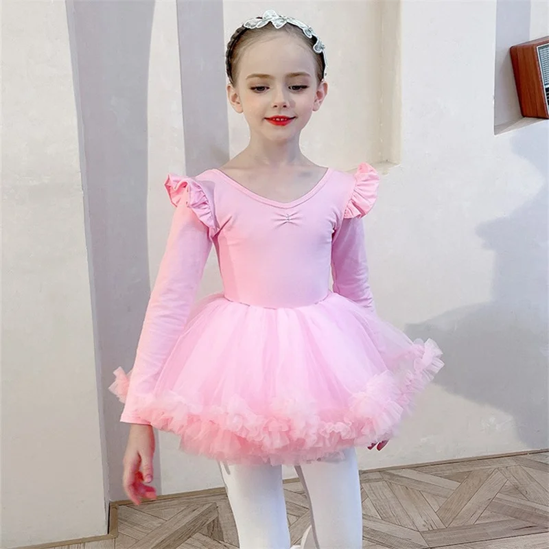 

Hot Sale Cheap High Quality Kids Girls Cotton Ballet Dance Tutu Costumes Child Flutter Long Sleeve Leotard with tulle skirt