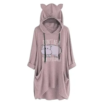 2022 Spring Autumn Women Pocket Oversize Sweatshirt Cat Ear Hippopotamus Kawaii Graphic Drawstring Hoodie Pullover Cute Cozy Pet 1