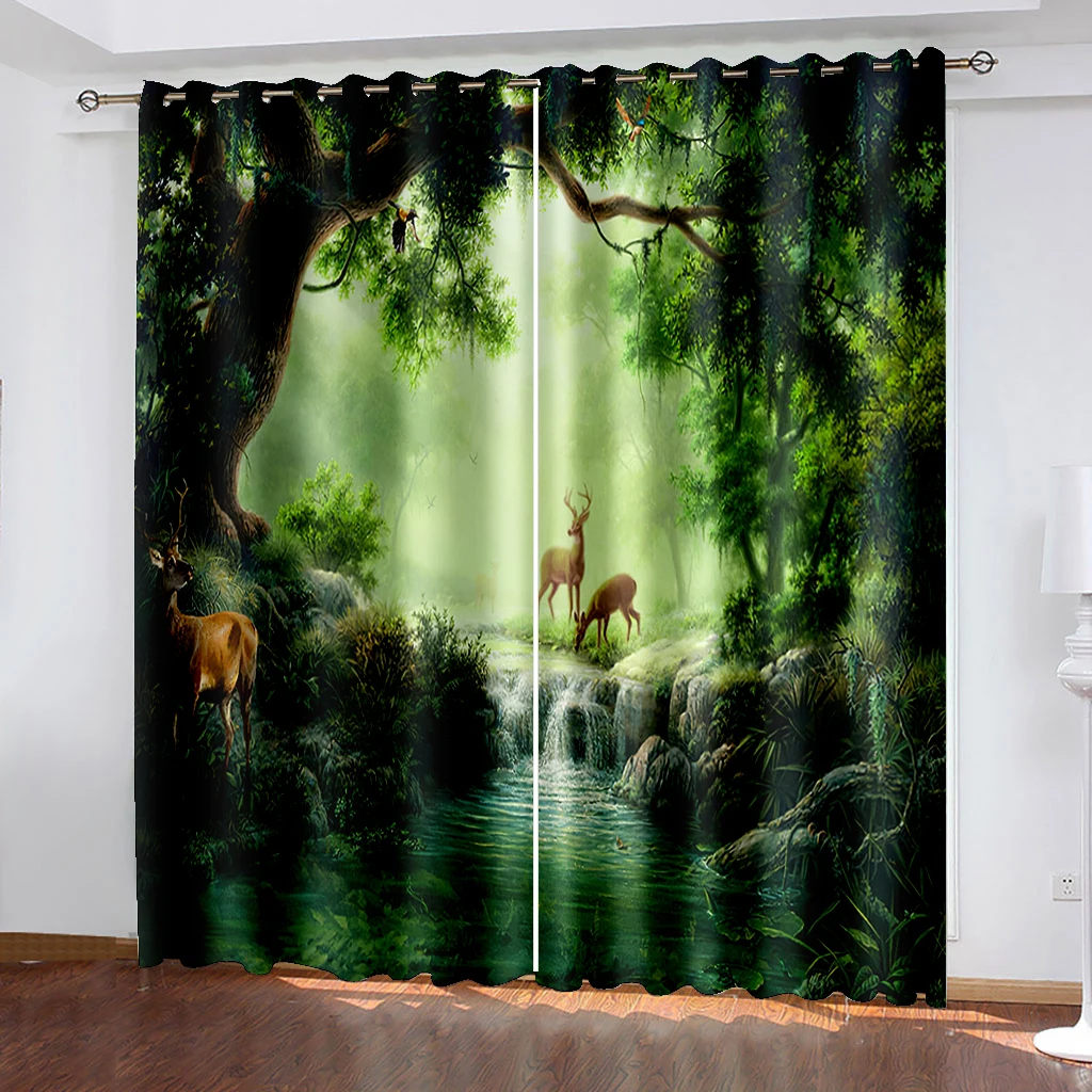 

Spring and Autumn Forest Scenery Series Sunshade Curtains 2 Pieces for Living Room Bedroom Home Decoration Hook Perforation